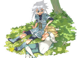 2boys azuma_yukihiko blue_gemstone boots flower gem genius_sage grey_hair hand_in_another&#039;s_hair highres looking_at_another lying male_focus mithos_yggdrasill multiple_boys on_grass on_side open_mouth outdoors short_hair sitting sleeping smile spiked_hair tales_of_(series) tales_of_symphonia tree tunic white_flower yaoi