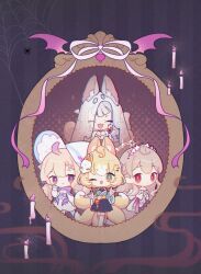 4girls ahoge animal_ears blonde_hair byebi closed_eyes cup dress drinking_glass enna_alouette ethyria fox_ears fox_girl fox_mask gradient_hair grey_hair long_hair mask millie_parfait multicolored_hair multiple_girls nijisanji nijisanji_en nina_kosaka one_eye_closed purple_eyes purple_hair red_eyes reimu_endou short_hair veil very_long_hair virtual_youtuber white_dress white_headwear wine_glass