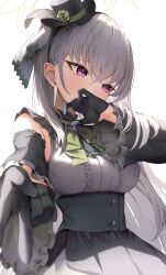 1girl absurdres black_hairband black_hat black_skirt black_sleeves blue_archive blush covering_own_mouth crossed_bangs detached_sleeves flower green_flower green_ribbon grey_hair grey_ribbon grey_shirt gyaru_v hair_between_eyes hair_ribbon hairband hat highres long_hair looking_to_the_side purple_eyes ribbon sakurako_(blue_archive) sakurako_(idol)_(blue_archive) shirt shuvi_(shuvi1125) skirt solo upper_body v