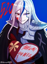 1girl armor armyx879 artist_name blood blood_on_face blue_background blue_eyes blue_hair female_focus grin hair_between_eyes heart heterochromia highres looking_at_viewer multicolored_hair red_eyes shoulder_armor signature smile solo teeth the_hundred_line_-last_defense_academy- v&#039;ehxness valentine white_hair