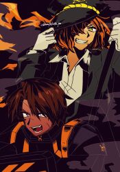 1boy 1girl armor black_hat black_jacket brown_hair dark-skinned_male dark_skin gloves hat heathcliff_(project_moon) highres ishmael_(project_moon) jacket limbus_company long_hair looking_at_viewer nantekottawo!! open_mouth orange_hair peaked_cap pequod_(identity)_(project_moon) project_moon purple_background purple_eyes r_corp._(identity)_(project_moon) scar shirt simple_background smoking_pipe upper_body white_gloves white_shirt yellow_eyes