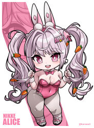 Rule 34 | alice (nikke), alice (wonderland bunny) (nikke), animal ear hairband, animal ears, bow, bowtie, breasts, carrot hair ornament, character name, chibi, copyright name, covered navel, detached collar, fake animal ears, food-themed hair ornament, goddess of victory: nikke, grey hair, grey pantyhose, hair ornament, hairband, kurono, large breasts, leotard, long hair, pantyhose, pink bow, pink bowtie, pink eyes, pink leotard, playboy bunny, rabbit ears, rabbit tail, smile, strapless, strapless leotard, tail, twintails, w arms, white wrist cuffs, wrist cuffs