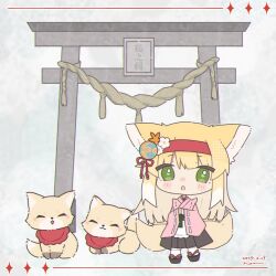 Rule 34 | animal ears, arknights, blonde hair, blunt ends, chibi, dated, fox, fox ears, fox girl, fox tail, green eyes, hairband, haru (aona1122), highres, japanese clothes, kimono, kitsune, kyuubi, multiple tails, okobo, open mouth, pink kimono, platform sandals, red hairband, sandals, signature, socks, suzuran (arknights), suzuran (yukibare) (arknights), tail, torii, white socks