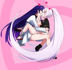 Rule 34 | 2girls, absurdly long hair, absurdres, black shirt, black shoes, closed eyes, commentary, english commentary, grey socks, hands on another&#039;s face, heart, heart background, highres, honkai (series), honkai impact 3rd, kiana kaslana, kiana kaslana (herrscher of finality), kiss, leg lock, long hair, multiple girls, pink background, ponytail, purple hair, raiden mei, raiden mei (apho), rgenius100, shirt, shoes, socks, very long hair, white hair, white shoes, yuri