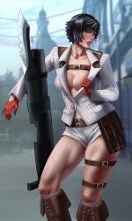 1girl artist_name black_hair blue_eyes boots breasts devil_may_cry devil_may_cry_(series) devil_may_cry_4 gloves green_eyes heterochromia highres jacket jewelry kalina_ann_(weapon) kohinotenshi lady_(devil_may_cry) necklace no_bra red_eyes red_gloves rocket_launcher scar scar_on_face scar_on_leg scar_on_nose short_hair shorts sweat thigh_strap weapon white_jacket white_shorts