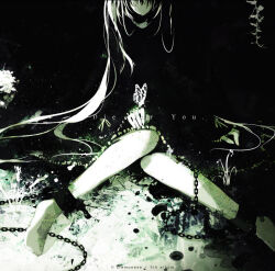 1girl album_cover album_name aqua_hair barefoot black_dress bug butterfly butterfly_on_hand chain cover cuffs dress grass hatsune_miku insect long_hair no_mouth on_ground plant ruuya_higashino shackles sitting solo twintails very_long_hair vines vocaloid wariza