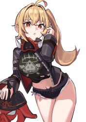 Rule 34 | 1girl, :o, ahoge, black jacket, black shirt, blonde hair, boar, crop top, fur-trimmed shorts, fur trim, hair between eyes, highres, jacket, long hair, looking at viewer, luciana de montefio, lucy&#039;s crew (zenless zone zero), mask, mask around neck, micro shorts, red eyes, shirt, shorts, side ponytail, simple background, solokitsune, spiked jacket, zenless zone zero