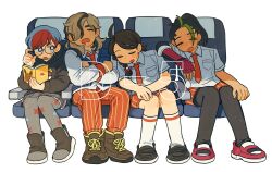 1boy 2hyu_00 3girls ahoge arven_(pokemon) black_eyes black_hair black_hoodie black_pantyhose black_shoes blue_hair blue_vest blush_stickers book boots bright_pupils brown_boots brown_hair closed_eyes collared_shirt commentary fingerless_gloves full_body glasses gloves green_hair grey_hair grey_pantyhose grey_skirt hair_over_one_eye highres holding holding_book hood hood_down hoodie juliana_(pokemon) long_sleeves looking_to_the_side multicolored_hair multiple_girls necktie nemona_(pokemon) nintendo open_book open_mouth pants pantyhose penny_(pokemon) pleated_skirt pokemon pokemon_sv print_pantyhose red_gloves red_hair red_necktie red_pants red_shoes red_shorts shirt shoes short_hair short_sleeves shorts simple_background single_glove sitting skirt sleeping socks striped_clothes striped_pants striped_shorts symbol-only_commentary two-tone_hair vest white_background white_pupils white_shirt white_socks