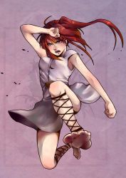 1girl angry ankle_lace-up bad_feet bad_id bad_pixiv_id barefoot dirty dirty_feet dress feet female_focus fighting_stance full_body jumping magi_the_labyrinth_of_magic morgiana red_eyes red_hair simple_background skirt soles solo toes tsanyu07 white_dress white_skirt