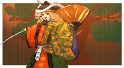 Rule 34 | 1girl, black hat, blonde hair, border, brown eyes, commentary request, cowboy shot, dress, folding fan, folding screen, green jacket, hand fan, haori, hat, highres, holding, holding fan, holding sword, holding weapon, jacket, japanese clothes, katana, long hair, looking at viewer, matara okina, open mouth, orange dress, outside border, ritsuzou, smile, solo, sword, touhou, weapon, white border