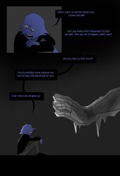 2boys addison_(deltarune) black_jacket black_shoes blue_skin blue_sweater bright-goat cellphone colored_skin constricted_pupils crossed_arms deltarune fetal_position frown frozen grey_pants greyscale hand_on_own_arm highres holding_own_arm hunched_over jacket limited_palette long_nose medium_hair monochrome multiple_boys on_ground open_mouth pants petrification phone pointy_nose reaching scared shoes sitting spamton_neo surprised sweater talking turtleneck turtleneck_sweater wide-eyed