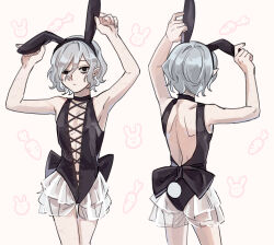 1boy animal_ears arms_up back bags_under_eyes black_bow black_choker black_eyes black_leotard bow center_opening choker crossdressing dungeon_meshi elf fake_animal_ears fake_tail front_and_back grey_hair highres lazy_eye leotard male_focus male_playboy_bunny mithrun multiple_scars multiple_views nontraditional_playboy_bunny notched_ear pointy_ears rabbit_ears rabbit_tail scar short_hair tail uneven_eyes wavy_hair yellow_background zo_na