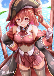 1girl arrow_(projectile) arrow_through_heart belt belt_buckle bicorne black_coat black_hat blue_sky breasts brown_belt brown_leotard buckle cloud cloudy_sky coat commentary_request cosplay covered_navel cropped_jacket dated day gloves hand_on_own_hip hand_up happy_birthday hat heart highres hololive houshou_marine houshou_marine_(1st_costume) houshou_marine_(cosplay) jacket leotard leotard_under_clothes long_sleeves medium_breasts multicolored_hair off_shoulder one_side_up ongeki open_clothes open_coat ousaka_akane pleated_skirt pointing pointing_at_self purple_hair red_eyes red_hair red_jacket red_skirt skirt sky sleeveless sleeveless_jacket solo two-tone_hair virtual_youtuber water white_gloves xenon_(for_achieve)