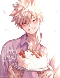 2boys bakugou_katsuki blonde_hair blush boku_no_hero_academia cake collared_shirt commentary dated english_commentary flower food fruit grin happy_birthday highres holding holding_plate jewelry kacchansbf83 looking_at_food male_focus midoriya_izuku multiple_boys multiple_scars necklace open_collar out_of_frame parted_bangs plate purple_shirt red_eyes scar scar_on_hand shirt short_hair simple_background smile solo_focus strawberry teeth twitter_username upper_body white_background white_flower wing_collar
