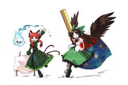 2girls animal_ears arm_cannon arm_up black_bow black_shoes black_socks bow braid brown_hair brown_wings cape cat_ears cat_girl cat_tail closed_eyes collared_shirt colored_inner_hair commentary_request control_rod_(touhou) cowboy_shot dress extra_ears feathered_wings fire flaming_skull floating_skull frilled_dress frilled_shirt frilled_shirt_collar frilled_skirt frilled_sleeves frills green_bow green_dress green_skirt hair_bow highres juliet_sleeves kaenbyou_rin long_hair long_sleeves looking_at_viewer multicolored_hair multiple_girls multiple_tails open_mouth pointy_ears print_cape puffy_short_sleeves puffy_sleeves red_eyes red_hair reiuji_utsuho shirt shoes short_sleeves simple_background skirt skull smile socks starry_sky_print tail third_eye touhou twin_braids two-sided_cape two-sided_fabric two_tails weapon wheelbarrow white_background white_cape white_shirt wings yoiy_san