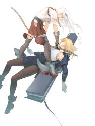 2girls afloat belt black_belt black_necktie black_pantyhose black_skirt black_thighhighs blonde_hair bomber_jacket bow_(weapon) breasts chinese_commentary closed_eyes commentary_request dress_shirt gloves hakama hakama_short_skirt hakama_skirt headband highres hip_vent historical_connection holding holding_bow_(weapon) holding_weapon hornet_(kancolle) jacket japanese_clothes kantai_collection long_hair medium_breasts multiple_girls necktie orange_headband pantyhose partially_fingerless_gloves partly_fingerless_gloves pencil_skirt red_hakama rigging riku-a rudder_footwear shirt shoukaku_(kancolle) skirt sleeveless sleeveless_shirt standing standing_on_liquid tasuki thighhighs very_long_hair weapon white_hair white_shirt yugake yumi_(bow)