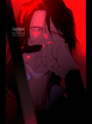 1boy black_hair bleach bleach:_sennen_kessen-hen blurry depth_of_field extra_pupils facial_hair furrowed_brow hair_between_eyes highres looking_ahead male_focus mustache ovasayuri pillarboxed red_eyes red_theme watermark yhwach