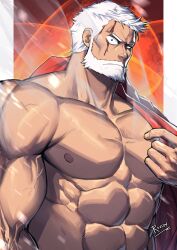 Rule 34 | 1boy, abs, bara, beard, beard over mouth, blood, blood on face, commentary, english commentary, facial hair, full beard, highres, large pectorals, male focus, muscular, muscular male, nipples, pectorals, rovrov, sanda (itagaki paru), santa claus (sanda), short hair, signature, solo, upper body, white hair