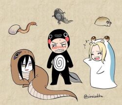 1girl angry animal_costume black_hair blonde_hair blush blush_stickers clenched_teeth embarrassed eyeliner facial_mark japanese_mythology jiraiya_(naruto) laughing lying makeup meta multiple_boys narrowed_eyes naruto_(series) naruto_shippuuden on_side orochimaru_(naruto) pale_skin pointing pointing_at_another siroisekka slit_pupils slug_costume snake_costume tadpole_costume tearing_up teeth tsunade_(naruto) visual_pun yellow_eyes