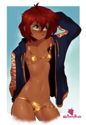 1girl arm_behind_head artist_name bikini black_jacket blush character_name clothes_writing collarbone commentary cowboy_shot dark-skinned_female dark_skin drawstring english_commentary gold_bikini golden_week_bikini gradient_background green_eyes hair_between_eyes hand_up highres jacket long_sleeves malberrybush malyna_(malberrybush) navel open_clothes open_jacket original oversized_clothes red_hair short_hair simple_background smile solo stomach sweat swimsuit