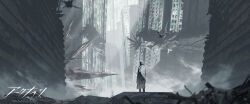 1girl 1other absurdres amiya_(arknights) animal_ears arknights black_coat building coat commentary copyright_name debris doctor_(arknights) drone dust highres hood hooded_coat outdoors prezonya46 rabbit_ears rock ruins skyscraper standing wide_shot