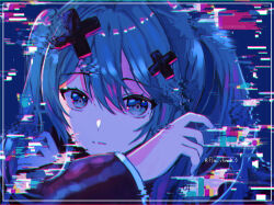 1girl absurdres batsu_miku blue_eyes blue_hair closed_mouth flan_chan glitch hair_between_eyes hair_ornament hatsune_miku highres kowareta_sekai_to_utaenai_miku long_hair long_sleeves project_sekai solo twintails twitter_username very_long_hair vocaloid wide_sleeves x_hair_ornament