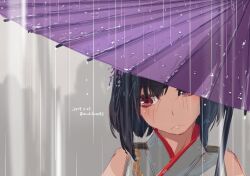 1girl dated holding holding_umbrella kantai_collection looking_down looking_to_the_side off_shoulder oil-paper_umbrella rain red_eyes short_hair solo takuzui umamusume umbrella wet yamashiro_(kancolle)