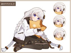 Rule 34 | 1girl, :o, ;o, ahoge, binchou maguro, black dress, black gloves, black pantyhose, black shoes, blue eyes, blush, border, brown border, closed eyes, closed mouth, commentary request, dress, full body, gloves, grey hair, high heels, hugging object, jacket, kizuna akari, long hair, long sleeves, looking at viewer, multiple expressions, one eye closed, open clothes, open jacket, pantyhose, parted lips, partially fingerless gloves, pillow, pillow hug, shoes, simple background, sitting, smile, translated, very long hair, vocaloid, voiceroid, white background, white jacket