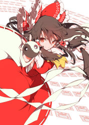 1girl absurdres ascot bow breasts brown_eyes brown_hair closed_mouth commentary_request detached_sleeves frilled_bow frilled_hair_tubes frills gohei hair_bow hair_tubes hakurei_reimu highres holding holding_gohei ichizen_(o_tori) long_hair looking_at_viewer ofuda orb red_bow red_skirt ribbon-trimmed_skirt ribbon-trimmed_sleeves ribbon_trim skirt skirt_set smile solo touhou yellow_ascot yin_yang yin_yang_orb
