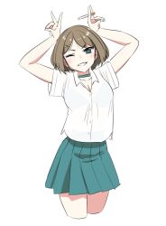 Rule 34 | 1girl, alternate costume, blue eyes, brown hair, cigarette, collared shirt, cowboy shot, double v, dress shirt, green skirt, grin, holding, holding cigarette, kantai collection, maya (kancolle), parted lips, pleated skirt, shirt, short hair, skirt, smile, solo, tamu (mad works), v, white shirt