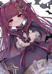 Rule 34 | 1girl, alucard lore, bat (animal), black cloak, black dress, bow, cloak, dress, emil chronicle online, familiar, frilled bow, frilled dress, frills, hair ornament, highres, long hair, outstretched arm, purple hair, red eyes, red ribbon, ribbon, satsuki atan, twintails, vampire, white background