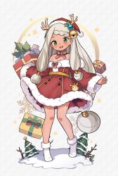 Rule 34 | 1girl, bare shoulders, bell, blush, bow, dress, fang, full body, gift, green eyes, hat, highres, jingle bell, long hair, low-tied long hair, mwm5, pine tree, samasa (world flipper), santa costume, santa dress, santa hat, solo, star (symbol), striped bow, tree, very long hair, world flipper