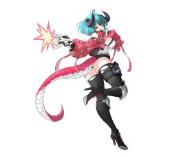 1girl absurdres ahoge arowana2111 ass belt black_horns black_shorts black_thighhighs blue_hair boots breasts cropped_shirt curled_horns dragon_girl dragon_horns dragon_tail fingernails firing full_body gun hand_up high_heels highres holding holding_gun holding_weapon horns jacket jewelry lace-up_boots large_breasts leg_up looking_at_viewer mask mask_pull mouth_mask one_eye_closed open_clothes open_jacket open_mouth original pink_jacket pink_nails ring shirt shoelaces short_hair shorts simple_background solo standing standing_on_one_leg strapless strapless_shirt tail tears teeth thighhighs torn_clothes torn_thighhighs transparent_background twisted_torso upper_teeth_only weapon weapon_case white_belt white_shirt yawning