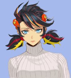 1girl alternate_costume artist_name black_hair blonde_hair blue_background blue_eyes breasts closed_mouth dated ericthespy expressionless hair_ornament highres lips looking_at_viewer low_twintails marvel marvel_rivals medium_breasts multicolored_hair non-web_source peni_parker red_hair ribbed_sweater self-upload short_twintails straight-on sweater turtleneck twintails upper_body