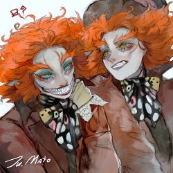 2boys alice_in_wonderland aqua_eyes brown_coat cheshire_cat_(alice_in_wonderland) coat green_eyes hat highres julia_the_dragon_cat looking_at_another mad_hatter_(alice_in_wonderland) makeup multiple_boys neck_ribbon pointy_ears ribbon sharp_teeth slit_pupils teeth thick_eyebrows tooth_gap top_hat