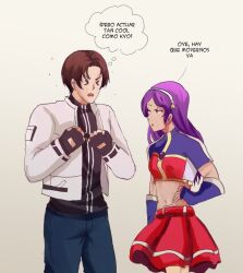 Rule 34 | 1boy, 1girl, asamiya athena, body switch, brown hair, hair ornament, idol, kusanagi kyou, personality switch, psycho soldier, purple eyes, purple hair, role reversal, snk, spanish text, star (symbol), star hair ornament, the king of fighters, the king of fighters 2002