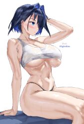 ass bare_shoulders blue_eyes blue_hair breasts clothing_cutout highres hololive hololive_english igiroitsu large_breasts midriff navel_cutout ouro_kronii sports_bra thighs thong underboob virtual_youtuber white_sports_bra