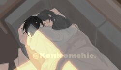 Rule 34 | 1boy, 1girl, arm around waist, black hair, closed eyes, couch, cry of fear, glowing, grey hair, hetero, highres, hug, konicomchiee, light particles, medium hair, on couch, short hair, simon henriksson, sleeping together, sophie (cry of fear), under covers, watch, window light, wristwatch