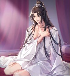 1boy absurdres adjusting_clothes artist_name bite_mark bite_mark_on_leg bite_mark_on_neck brown_hair chinese_clothes chu_wanning closed_mouth collarbone curtains earrings erha_he_tadebai_mao_shizun full_body grey_eyes hanfu hickey high_ponytail highres jewelry long_hair long_sidelocks long_sleeves looking_ahead male_focus no_pants pectoral_cleavage pectorals ponytail sidelocks sitting solo stud_earrings white_hanfu wide_sleeves xiao_guan_(headdress) zehel_az