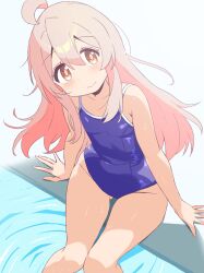 Rule 34 | 1girl, ahoge, blue one-piece swimsuit, breasts, brown eyes, commentary request, competition school swimsuit, feet out of frame, head tilt, highres, long hair, looking at viewer, one-piece swimsuit, onii-chan wa oshimai!, oyama mahiro, pink hair, poolside, school swimsuit, shirosakiyomogi, simple background, small breasts, smile, soaking feet, solo, swimsuit, water, white background