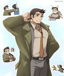 3boys ace_attorney arm_behind_head bara book brown_necktie bulge chasing coat collared_shirt cowboy_shot cuffs facial_hair food goatee_stubble green_coat grey_pants grey_shirt grin handcuffs happy highres holding holding_book holding_handcuffs holding_pencil holding_spatula larry_butz male_focus mature_male miles_edgeworth multiple_boys necktie pants patting_back pencil pencil_behind_ear phoenix_wright saund_r_pu sausage shirt short_hair sideburns sideburns_stubble smile solo_focus spatula spoken_character stubble talking_on_phone twitter_username