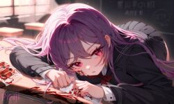 1girl artist_name bent_over black_sailor_collar black_shirt black_skirt blood blood_on_book blood_on_face blood_on_hands blood_splatter book bow bowtie commission desk eyelashes highres holding holding_pen indie_virtual_youtuber long_hair long_sleeves nasai_ikumi open_book pen pinji8166 pink_eyes pleated_skirt purple_hair red_bow red_bowtie sailor_collar sample_watermark school_desk school_uniform shirt skirt solo virtual_youtuber watermark window