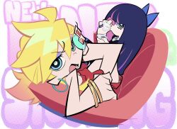 2girls bare_arms bare_legs bare_shoulders black_dress blonde_hair blue_bow blue_eyes blunt_bangs bow bracelet bright_pupils colored_lineart commentary_request copyright_name crossed_legs cum cup dress drinking earrings eyeshadow furrowed_brow gun_(taoru20000) hair_bow hand_up hands_up highres holding holding_cup holding_phone holding_plate hoop_earrings jewelry long_hair looking_at_viewer looking_back looking_to_the_side lying makeup multicolored_hair multiple_girls panty_&amp;_stocking_with_garterbelt panty_(psg) phone pink_hair plate puckered_lips purple_hair purple_nails red_dress red_nails red_shoes shoes siblings sisters sitting sleeveless sleeveless_dress stocking_(psg) straight_hair streaked_hair talking_on_phone thick_lineart v-shaped_eyebrows wavy_hair white_pupils
