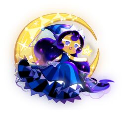 1girl blue_dress blue_eyes blue_hair blue_hat chibi chibi_only colored_eyelashes cookie_run cookie_run:_kingdom crescent_moon dress full_body game_cg gloves hat highres long_hair moon moonlight_cookie official_art simple_background smile solo star_(symbol) striped_clothes striped_headwear third-party_source transparent_background very_long_hair white_eyelashes white_gloves