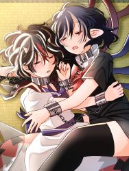 2girls black_hair bow bowtie chain closed_eyes collar day dress drooling highres horns houjuu_nue hug indoors kijin_seija linked_collar multiple_girls on_floor open_mouth pointy_ears red_streaks shiya_re27 short_hair sleeping tatami thighhighs touhou yuri
