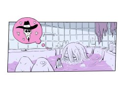 1girl a.k.i._(street_fighter) aroused bathing bathtub blush bubble f.a.n.g hair_down heart highres imagining in_bathtub kangyaku large_hat monochrome partially_submerged solo street_fighter street_fighter_6 wet wet_hair