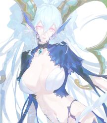 +_+ 1girl aqua_hair braid breasts choker cleavage curled_horns fate/grand_order fate_(series) green_horns hair_between_eyes highres horns jewelry large_breasts large_horns larva_tiamat_(fate) tiamat_(third_ascension)_(fate/grand_order) long_hair long_horns looking_at_viewer metal_bracelet navel pendant pink_eyes pointy_ears shrug_(clothing) sidelocks solo stomach_tattoo striped_sleeves symbol-shaped_pupils tattoo tiamat_(fate) uda_(xax_057) very_long_hair x-shaped_pupils