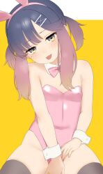 1girl alternate_costume animal_ears blush bow bowtie breasts commentary_request detached_collar fake_animal_ears gradient_hair highres kantai_collection leotard looking_at_viewer mole mole_under_eye multicolored_hair pink_bow pink_bowtie pink_leotard playboy_bunny purple_hair rabbit_ears sakiecho simple_background small_breasts solo thighhighs tongue tongue_out tsushima_(kancolle) two-tone_background wrist_cuffs yellow_eyes