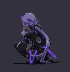 1girl abunishu commentary from_behind fu_hua fu_hua_(shadow_knight) full_body grey_background grey_hair highres honkai_(series) honkai_impact_3rd long_hair low_ponytail ponytail power_suit solo squatting very_long_hair