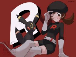 1girl ;) absurdres artist_name belt black_hat blush boots brown_eyes brown_hair closed_mouth dress elbow_gloves gen_2_pokemon gloves hat highres lyra_(pokemon) nintendo one_eye_closed pokemon pokemon_(creature) pokemon_hgss red_background red_dress sandora_(karugamo_no_e) smile team_rocket team_rocket_uniform twintails umbrella umbreon white_belt white_boots white_gloves